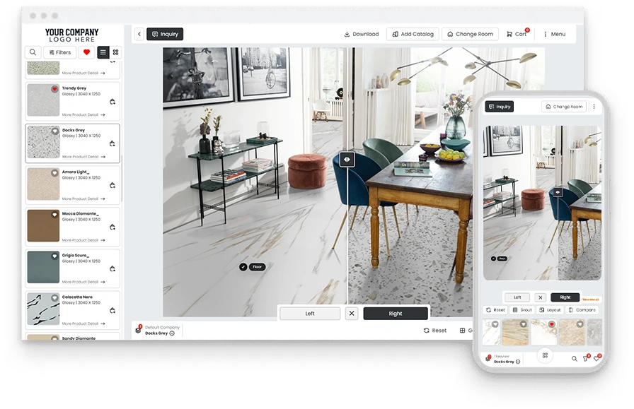 Visualiseur Tilesview affichant une pièce avant et après sur ordinateur et mobile